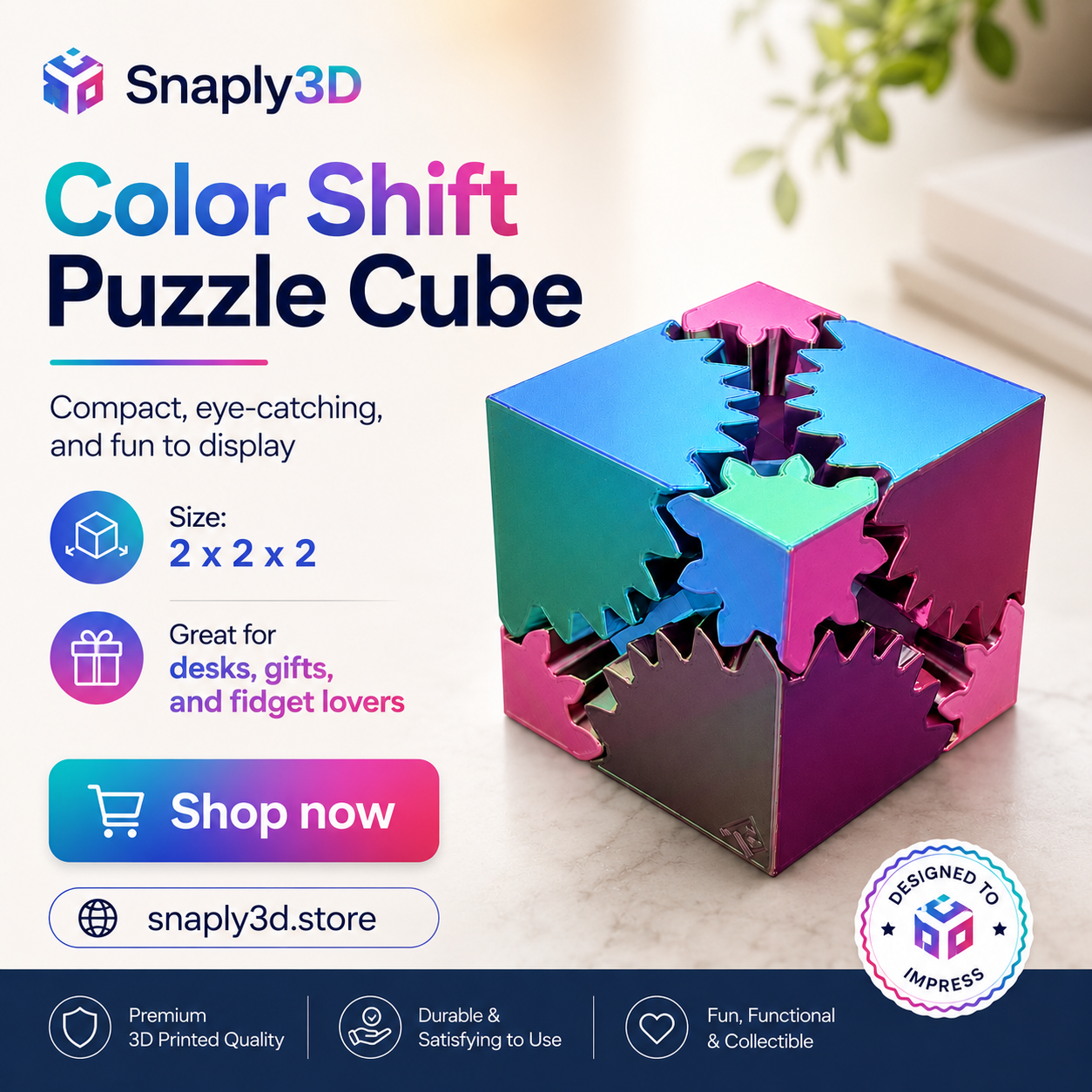 Color Shift Gear Fidget Cube – 3D Printed Puzzle Toy
