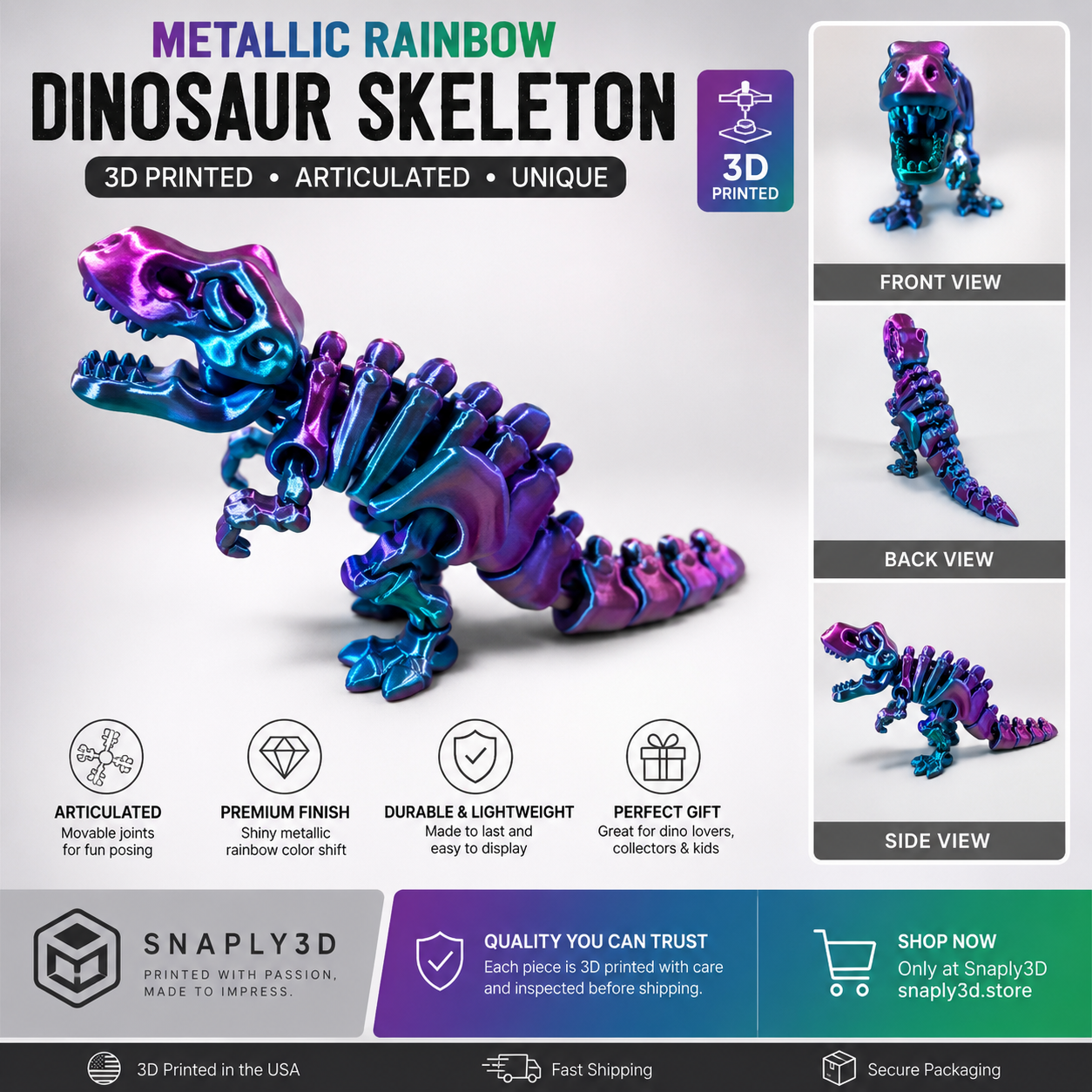 Metallic Rainbow Articulated Dinosaur Skeleton – 3D Printed Collectible